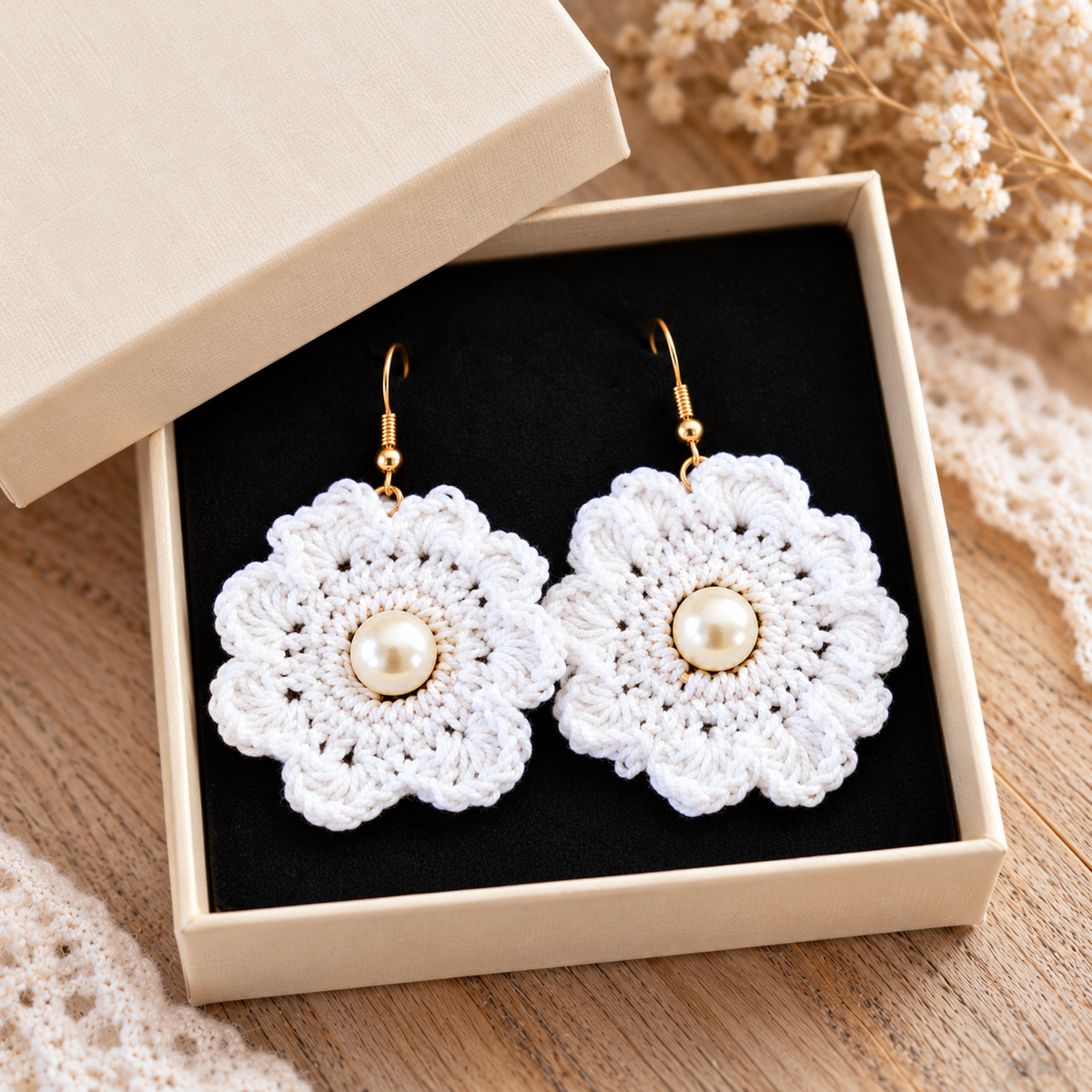 Boucles d’oreilles fleuries au crochet – Blanc & Perle