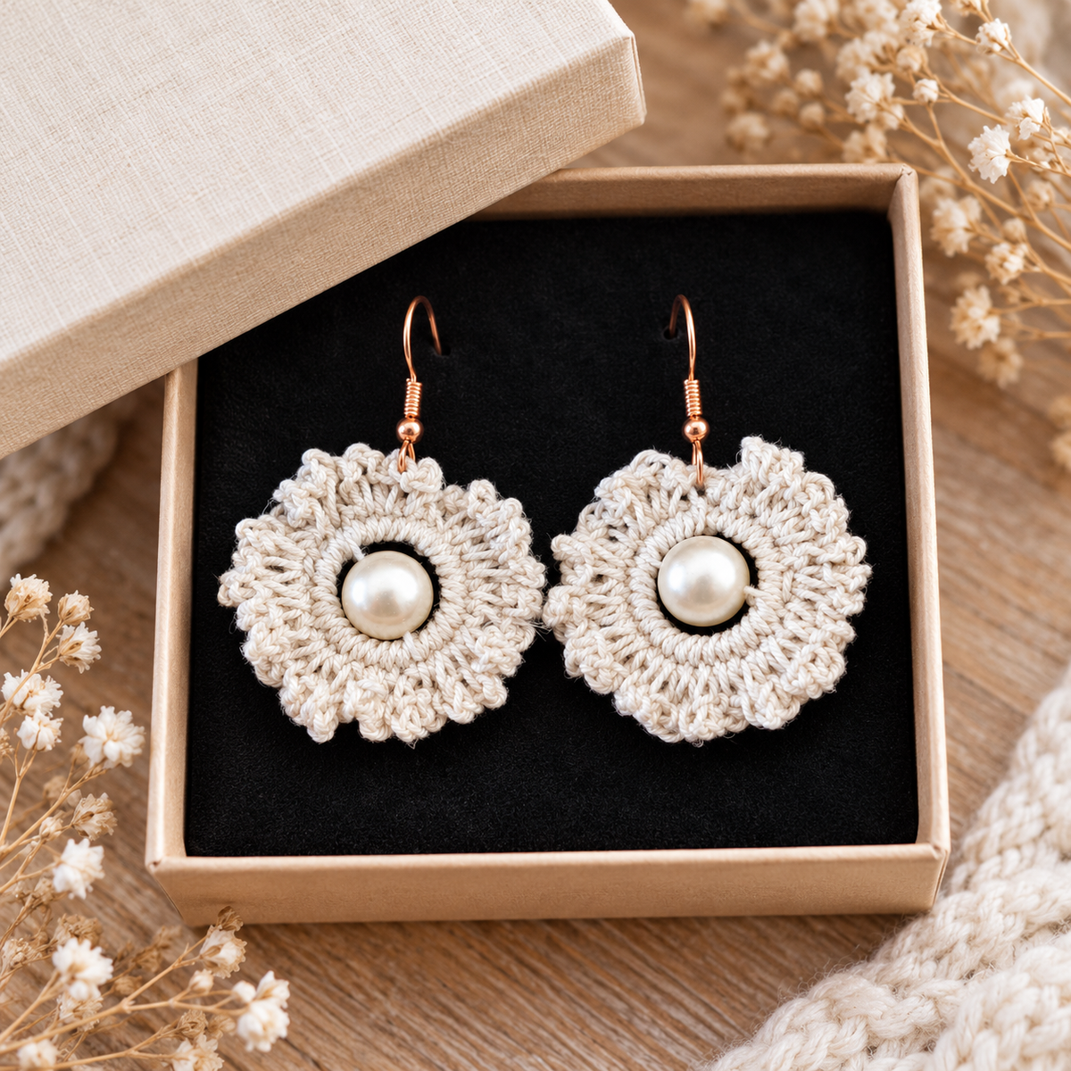 Boucles d’oreilles Fleurs au crochet – Écru & Perles nacrées