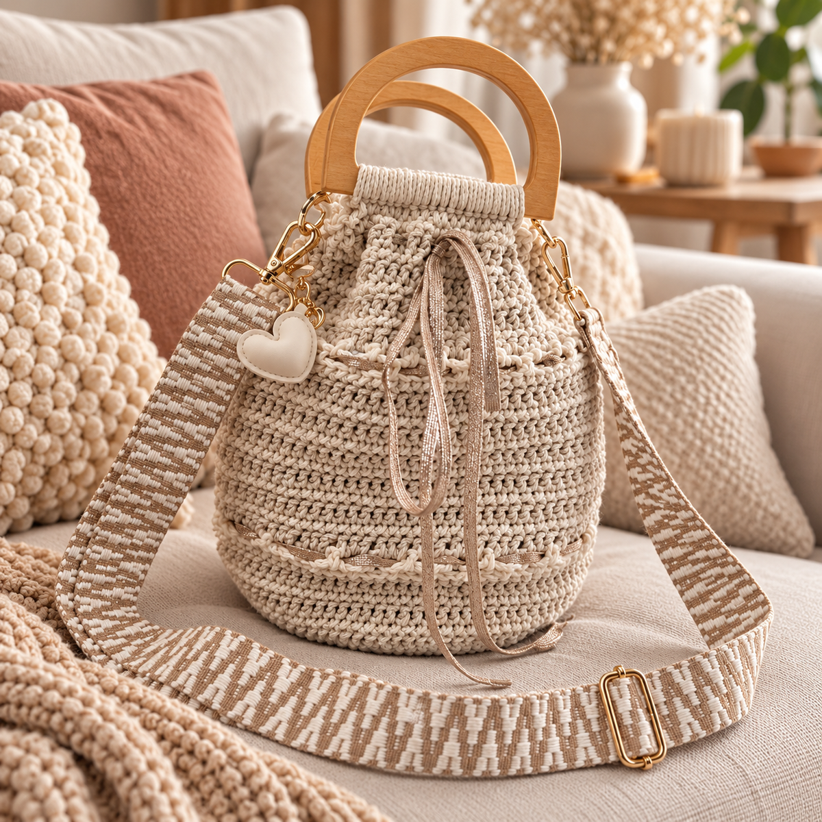 Sac sceau crocheté main avec jolie anse argentée
