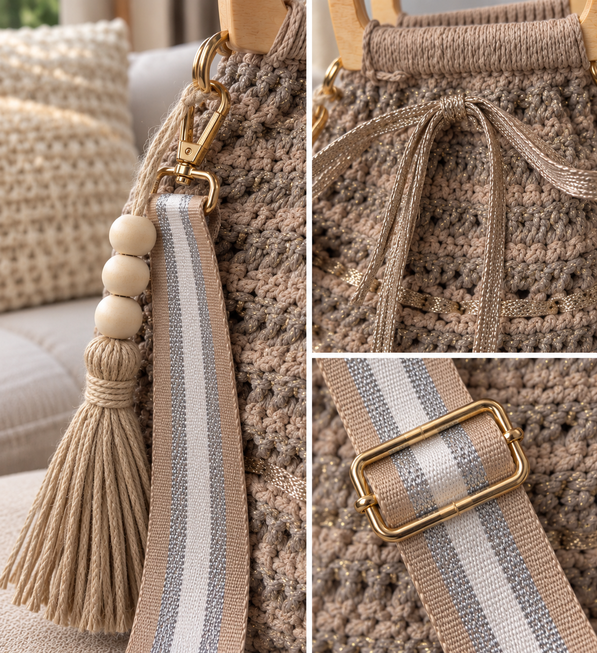 Sac sceau crocheté main avec jolie anse argentée