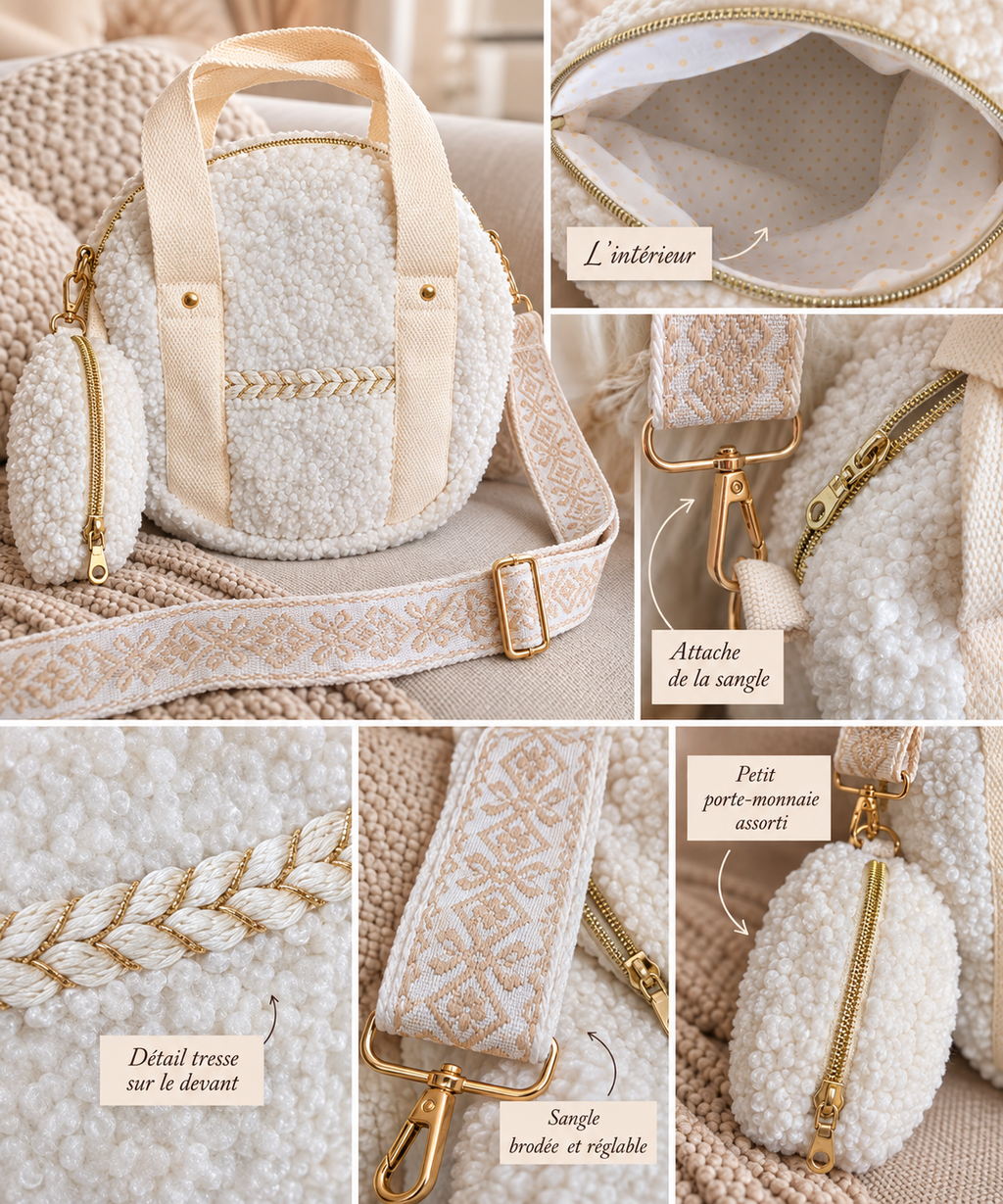 Ensemble sac rond et porte monnaie clipsable en sherpa