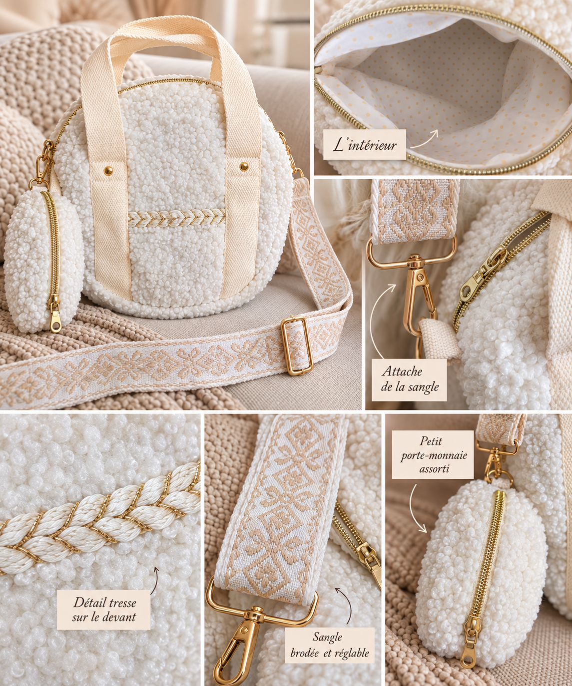Ensemble sac rond et porte monnaie clipsable en sherpa