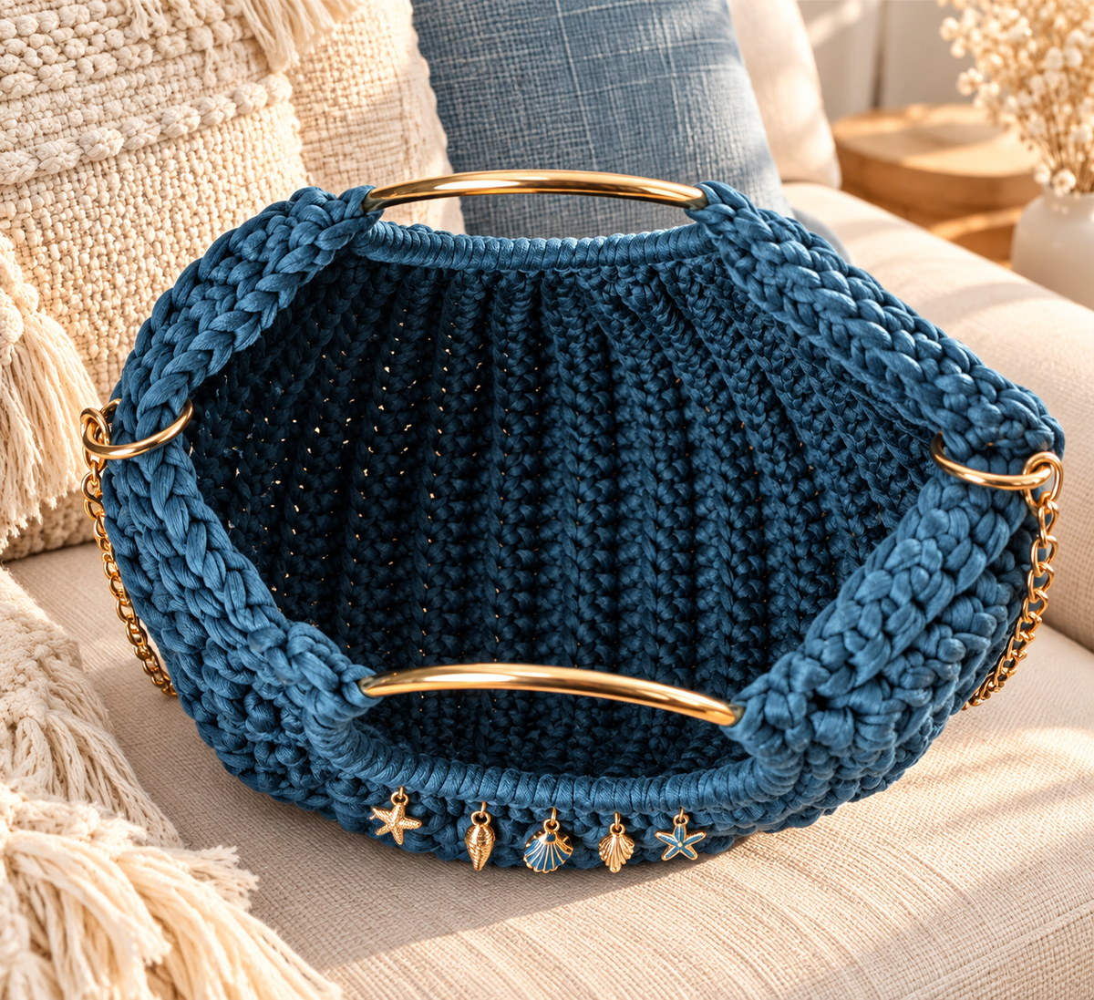 Petit sac bombé bleu indigo avec poignées dorées pampilles et chainette