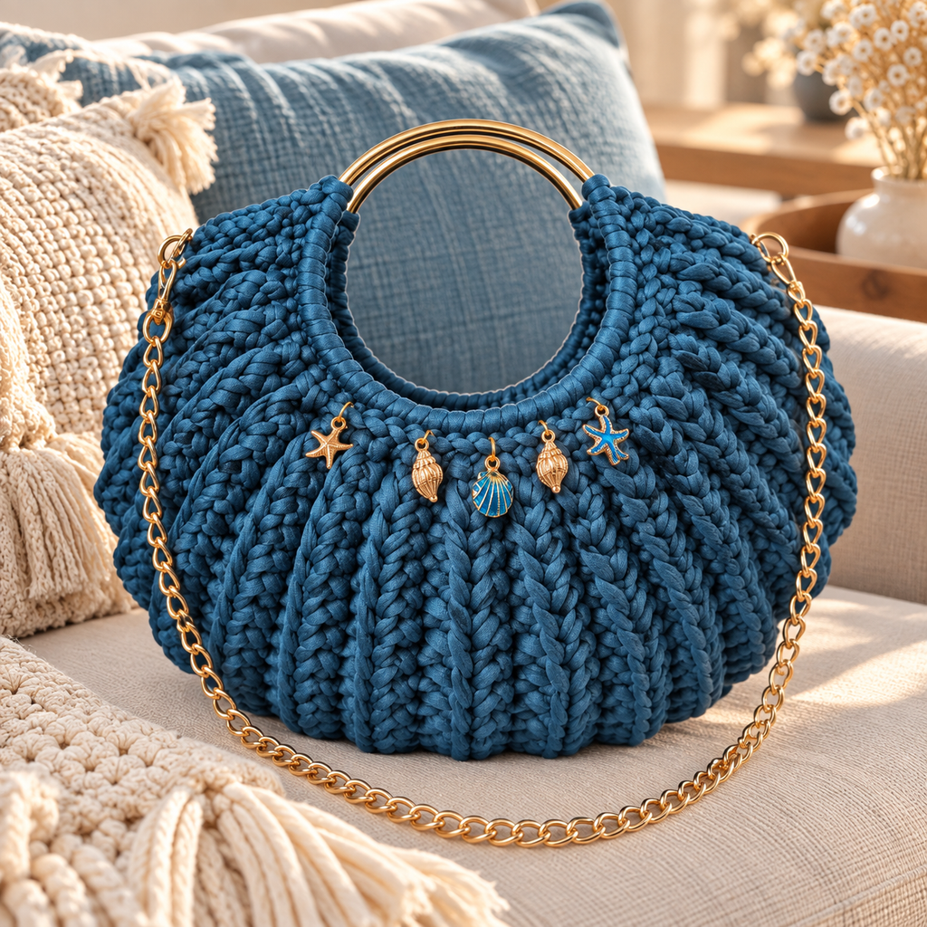 Petit sac bombé bleu indigo avec poignées dorées pampilles et chainette
