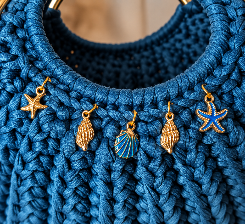 Petit sac bombé bleu indigo avec poignées dorées pampilles et chainette