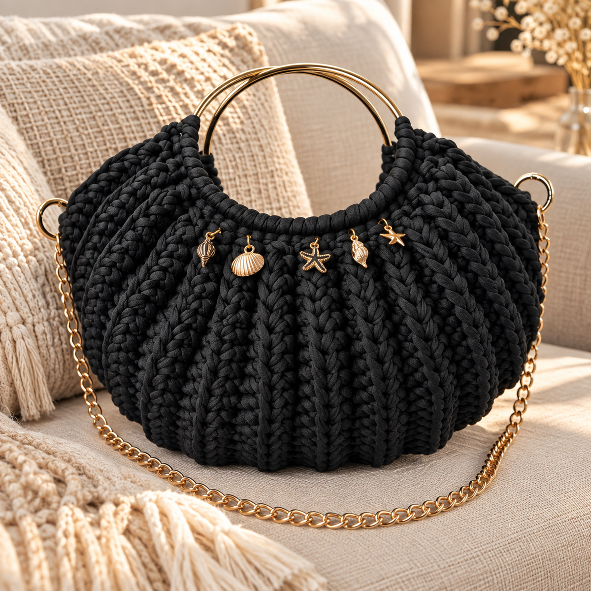 Petit sac bombé maille tee-shirt avec poignées dorées pampilles et chainette