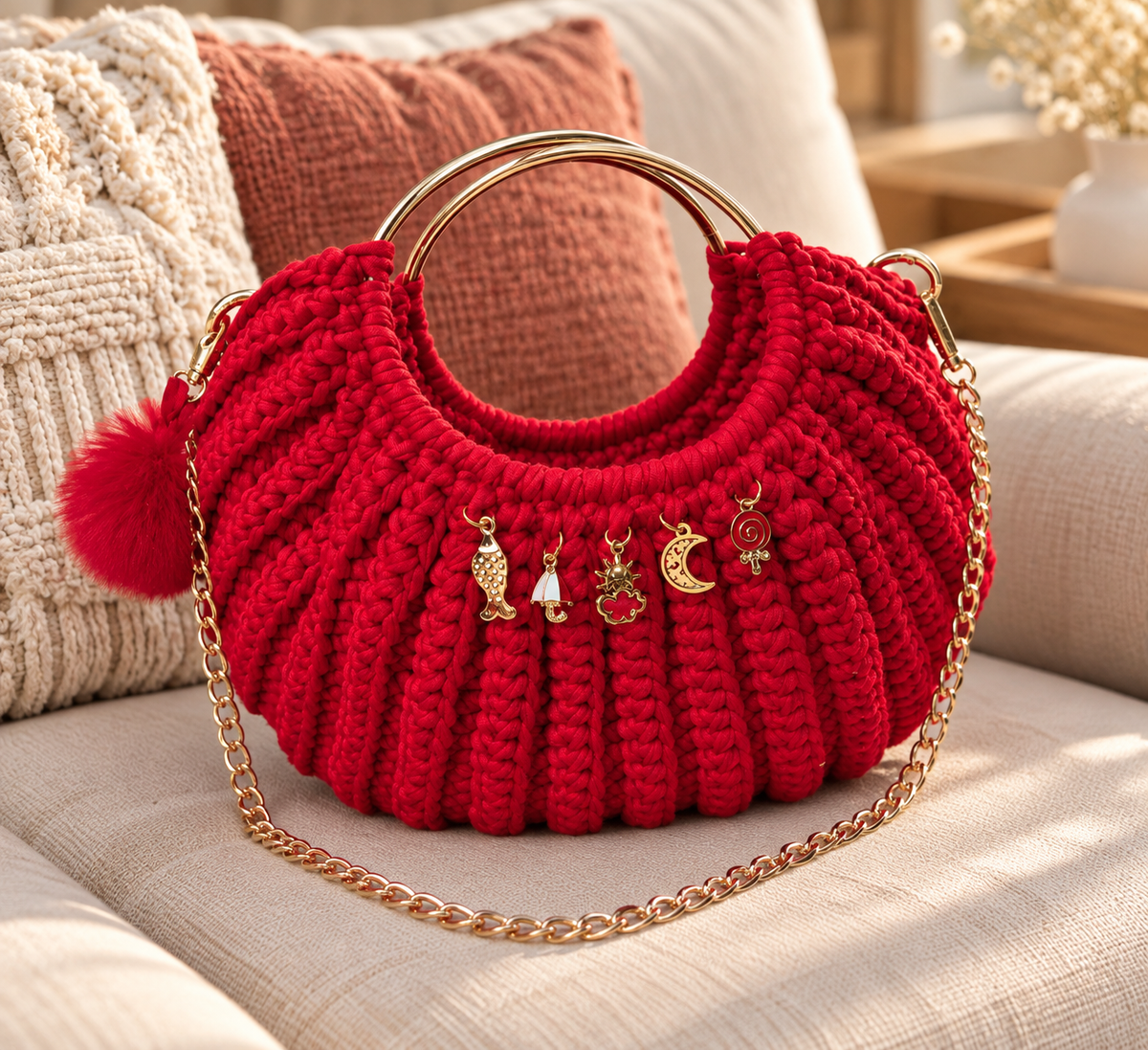 Petit sac bombé rouge avec poignées dorées pampilles et chainette