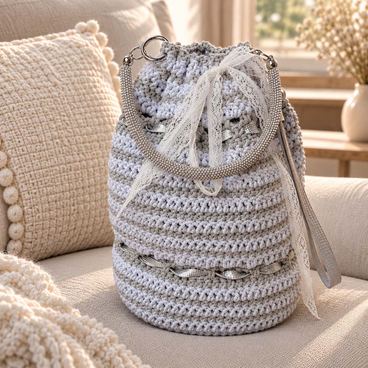 Sac sceau crocheté main avec jolie anse argentée