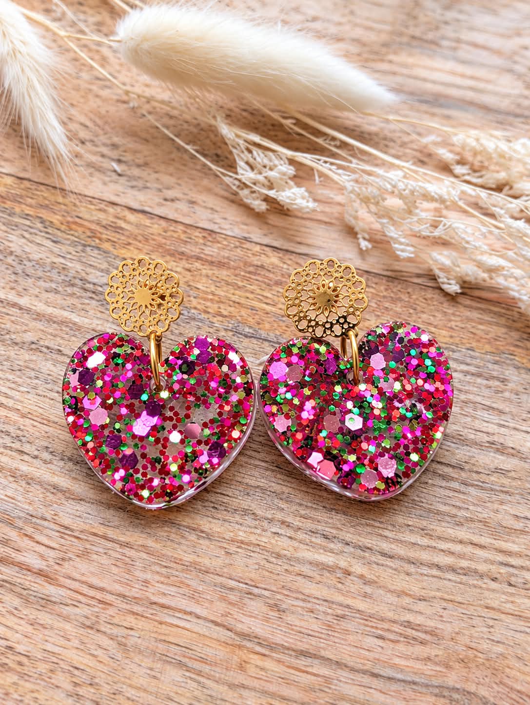 Boucles d'oreilles Cœur Rose– Résine artisanale