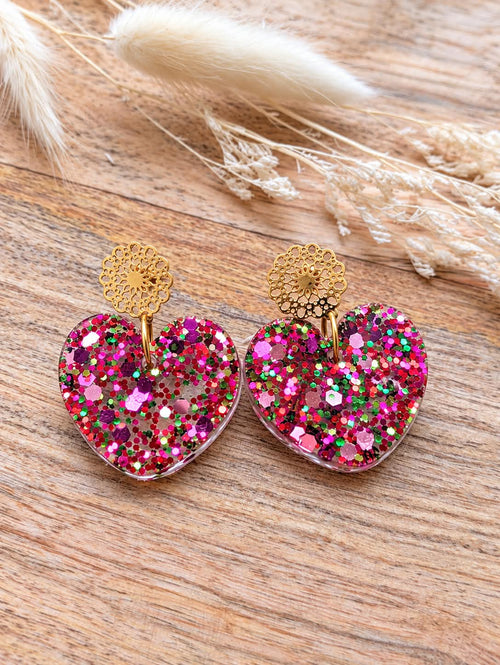 Boucles d'oreilles Cœur Rose– Résine artisanale
