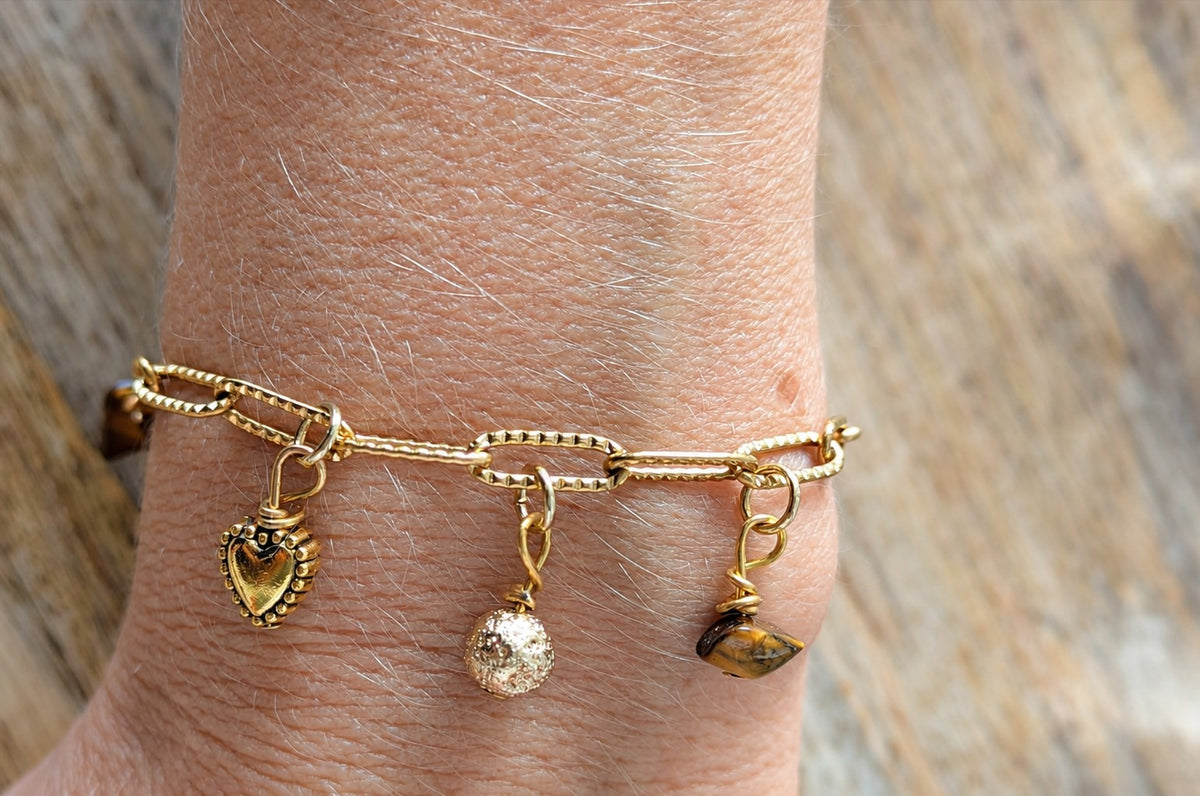 Bracelet à Pampilles – Œil de Tigre & Acier Inoxydable Doré