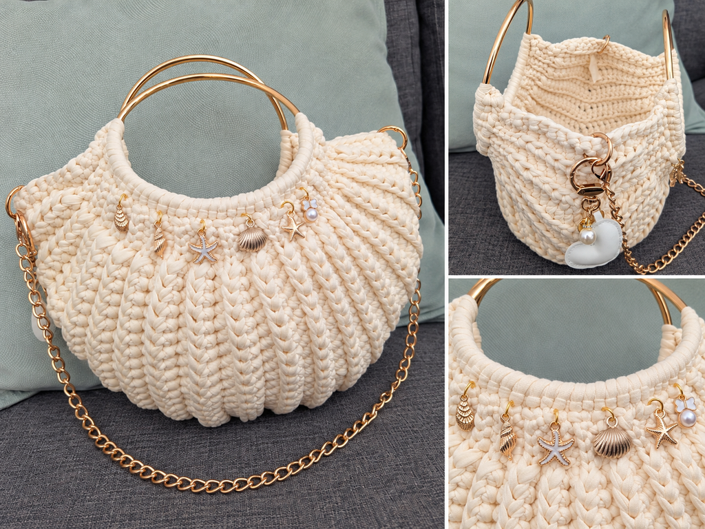 Petit sac bombé écru avec poignées dorées pampilles et chainette