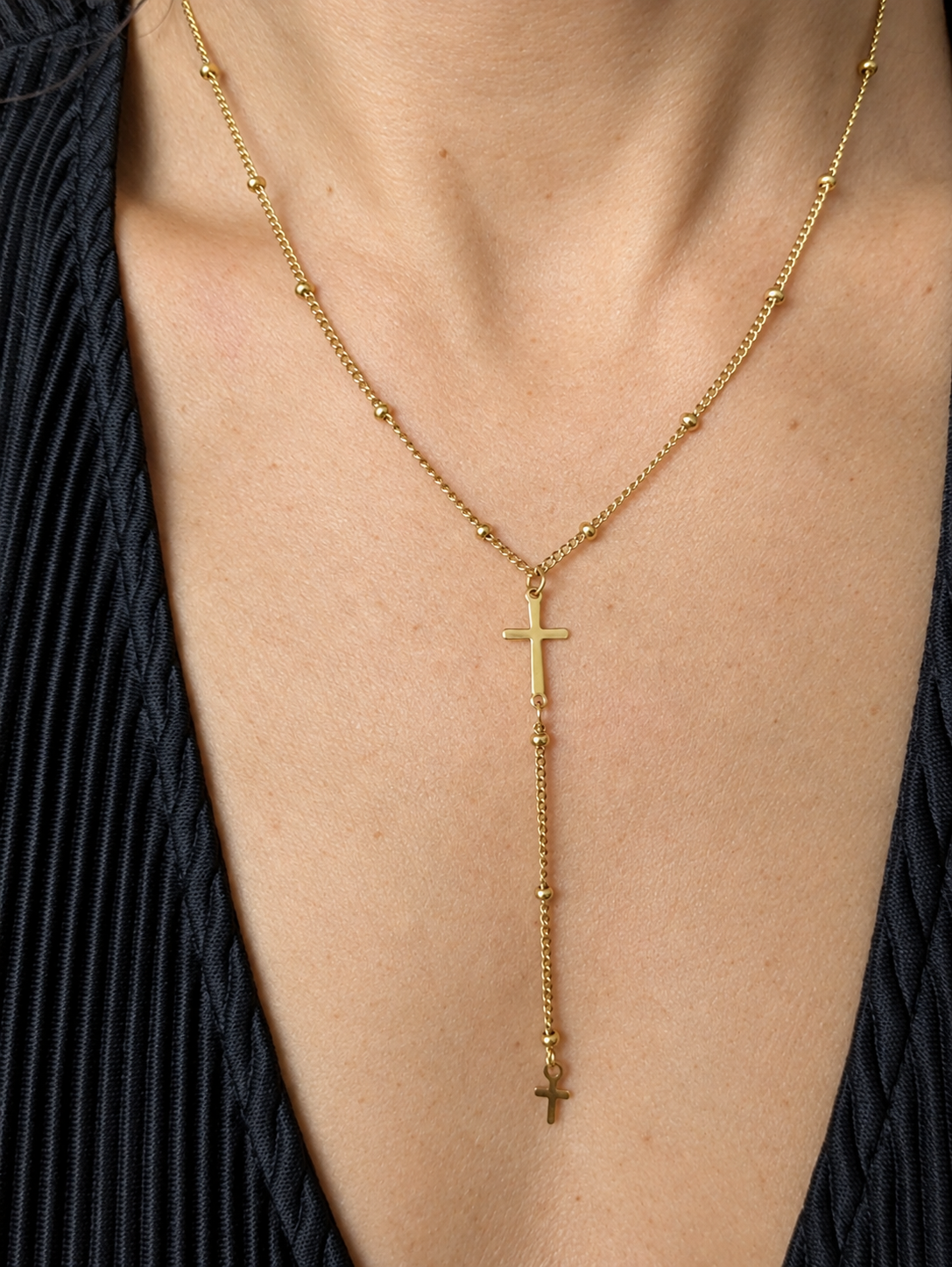 Collier double croix doré à chaîne pendante