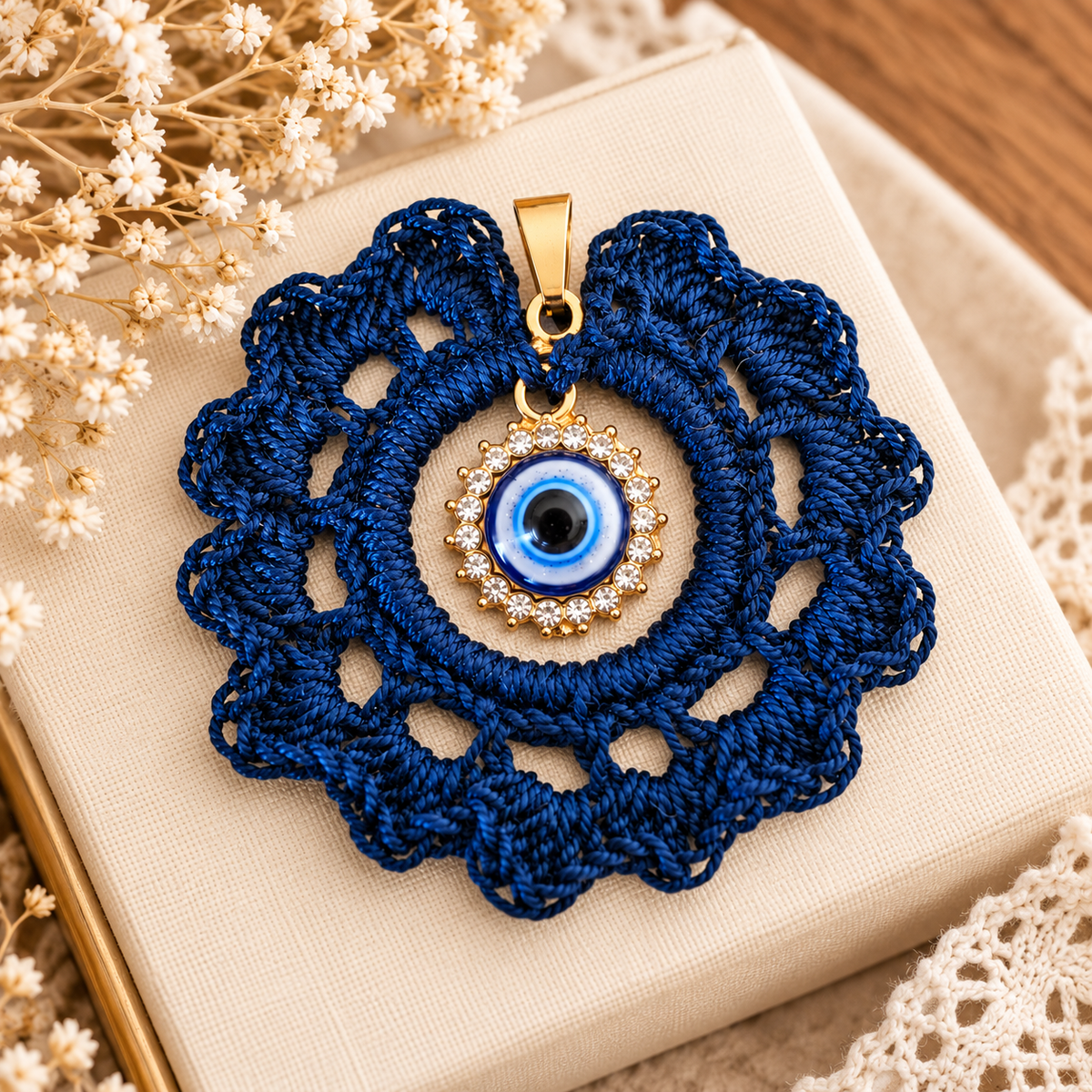 Pendentif Oeil grec au crochet 5cm - Élégance & Porte-bonheur