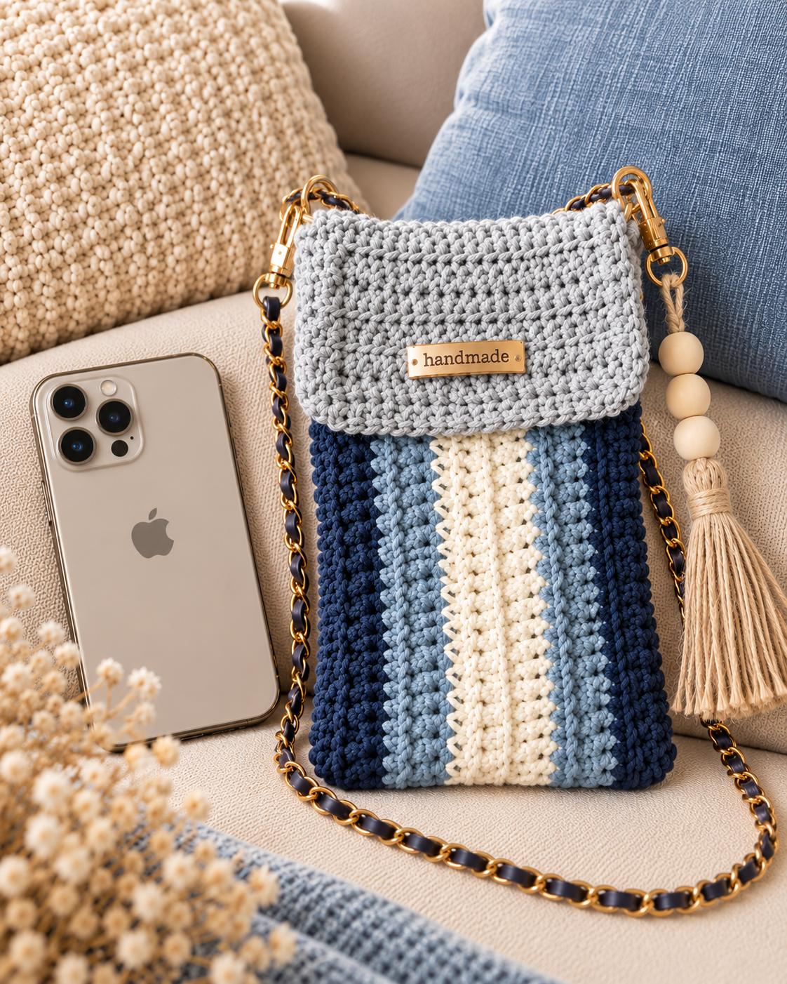 Pochette téléphone crochetée main en coton & sangle assortie