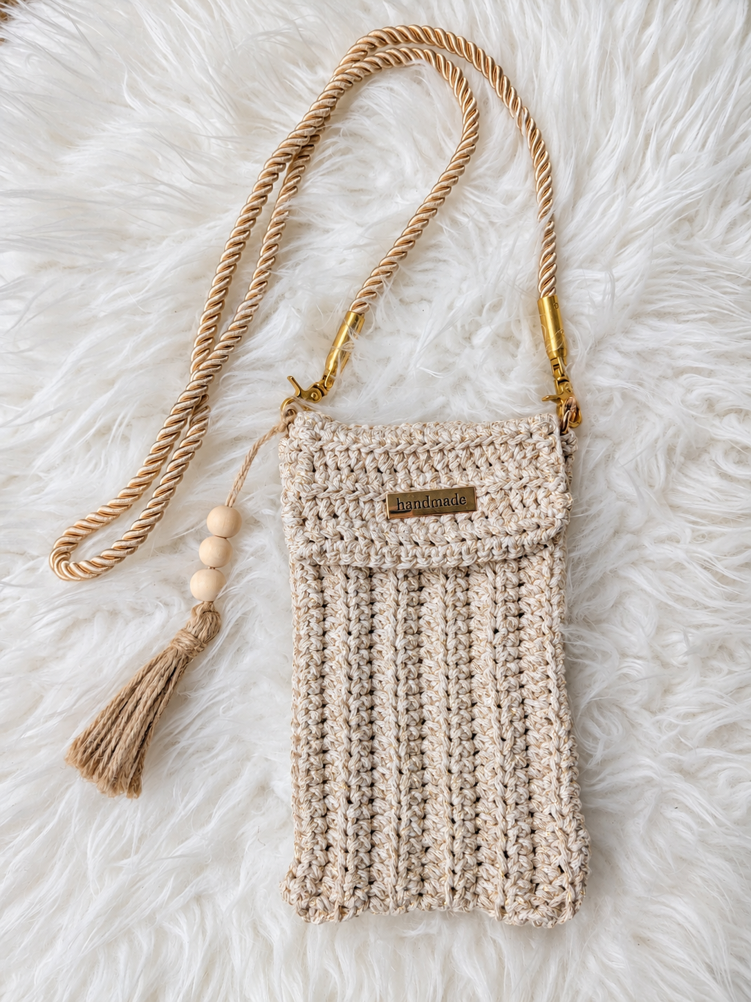 Pochette téléphone crochetée main en coton & sangle assortie