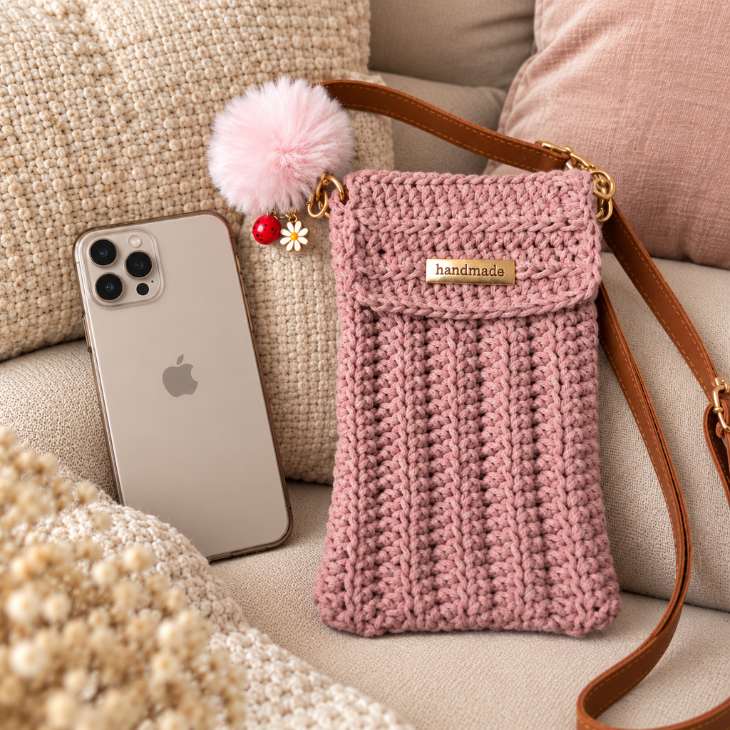 Pochette téléphone crochetée main en coton & sangle assortie