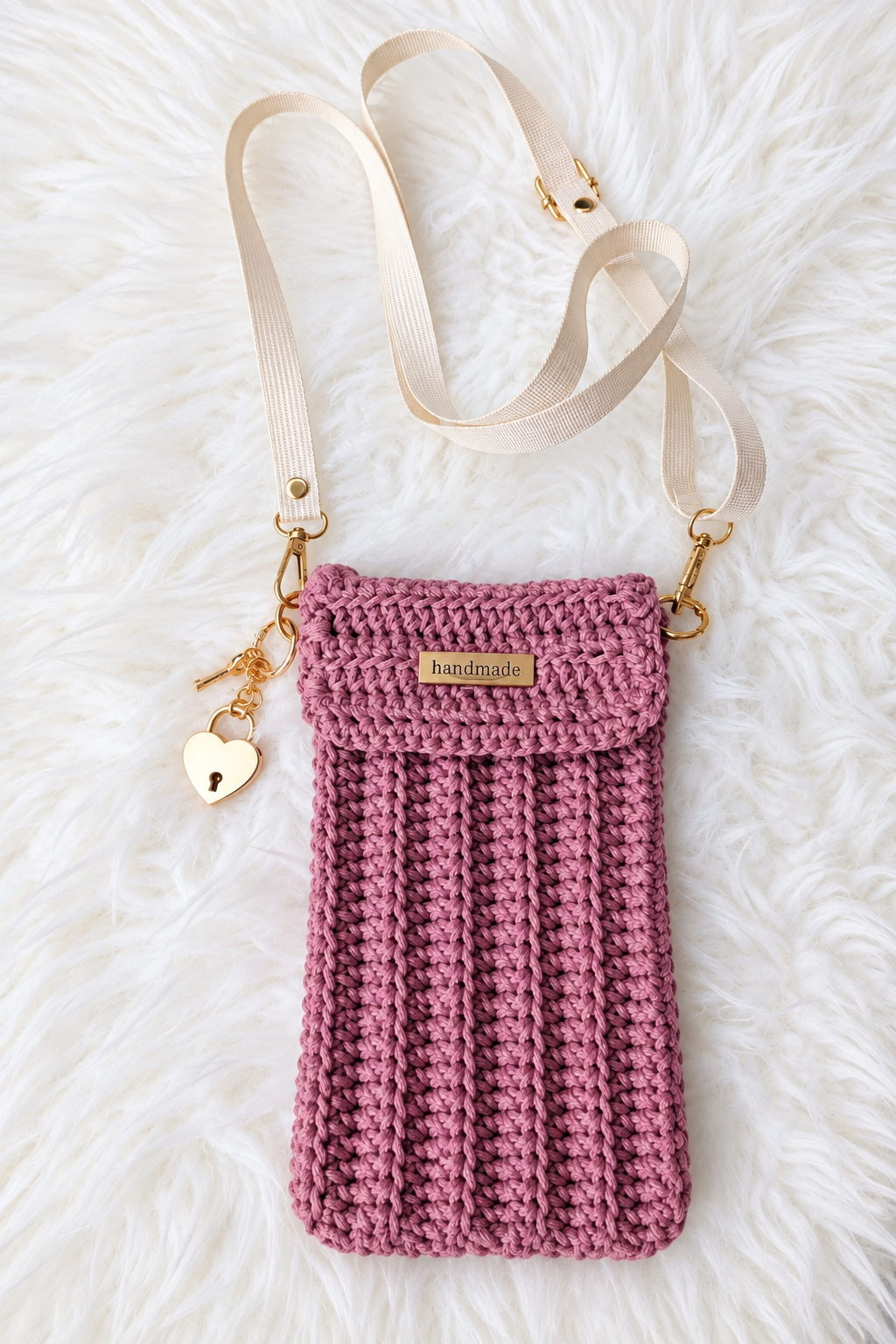 Pochette téléphone crochetée main en coton & sangle assortie
