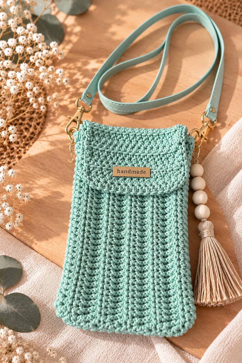 Pochette téléphone crochetée main en coton & sangle assortie