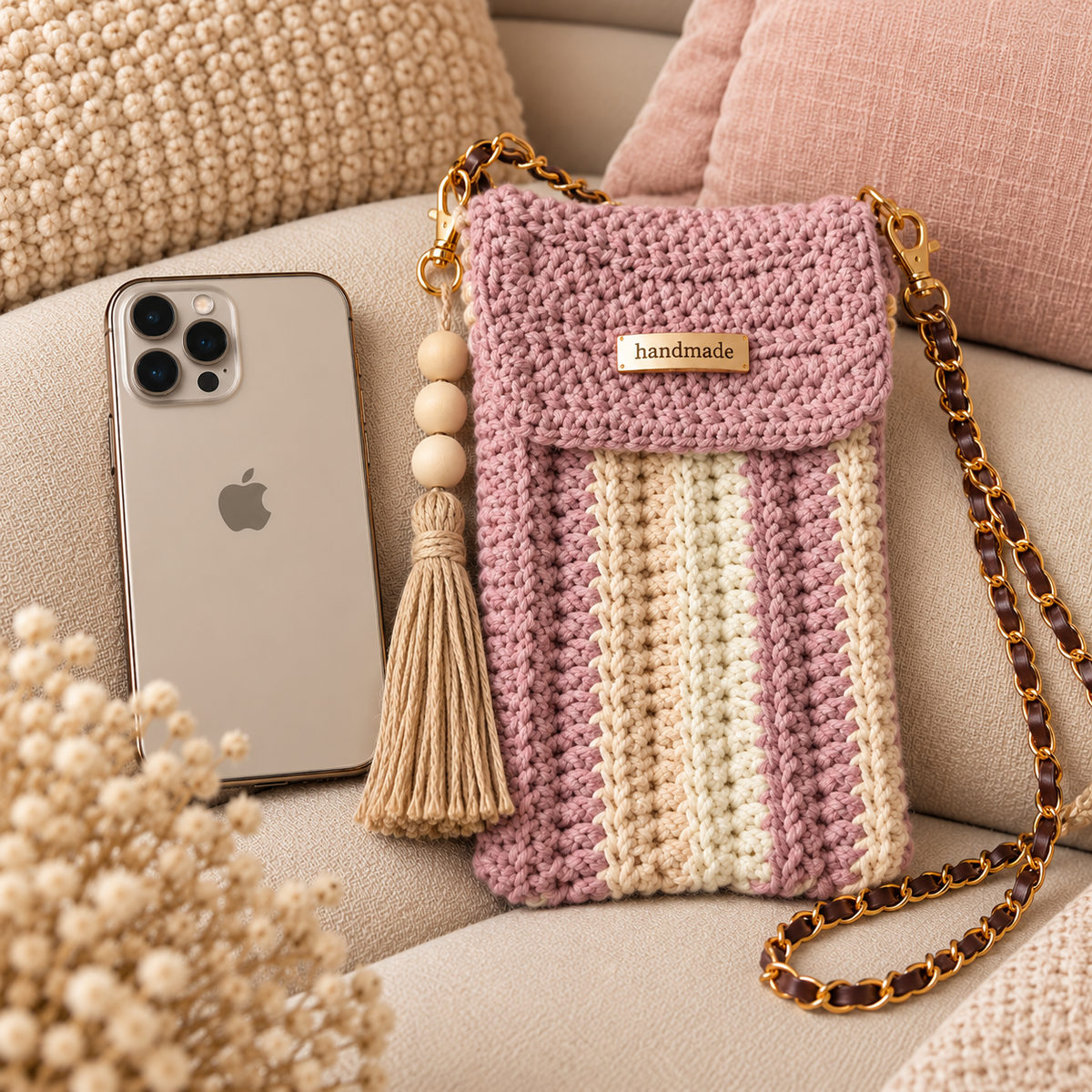 Pochette téléphone crochetée main en coton & sangle assortie
