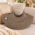 Sac coquille crocheté main avec anse dorées et sangle chainette - Couleur taupe