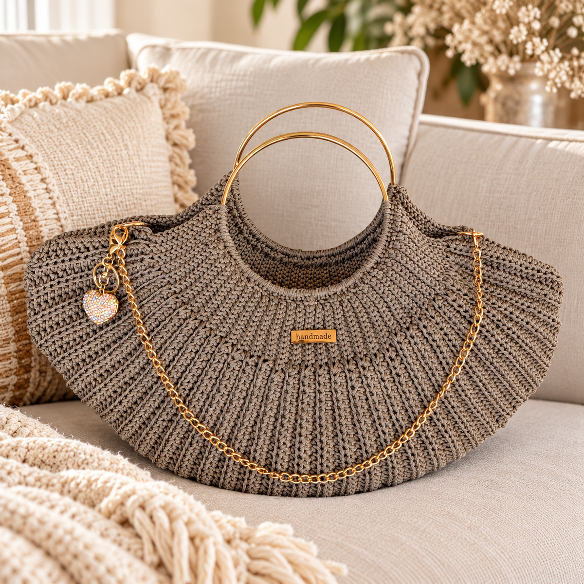 Sac coquille crocheté main avec anse dorées et sangle chainette - Couleur taupe