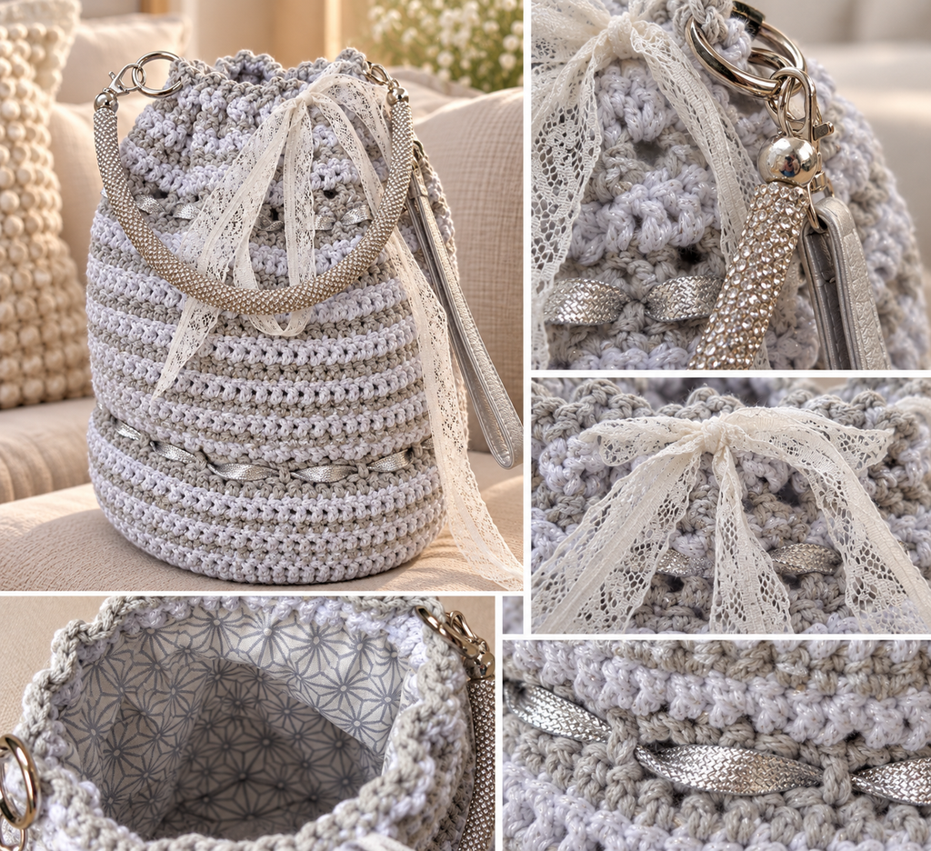 Sac sceau crocheté main avec jolie anse argentée