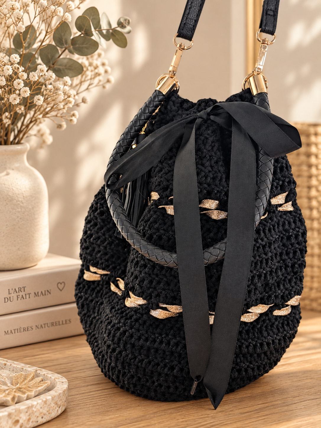 Sac sceau crocheté main avec jolie anse argentée