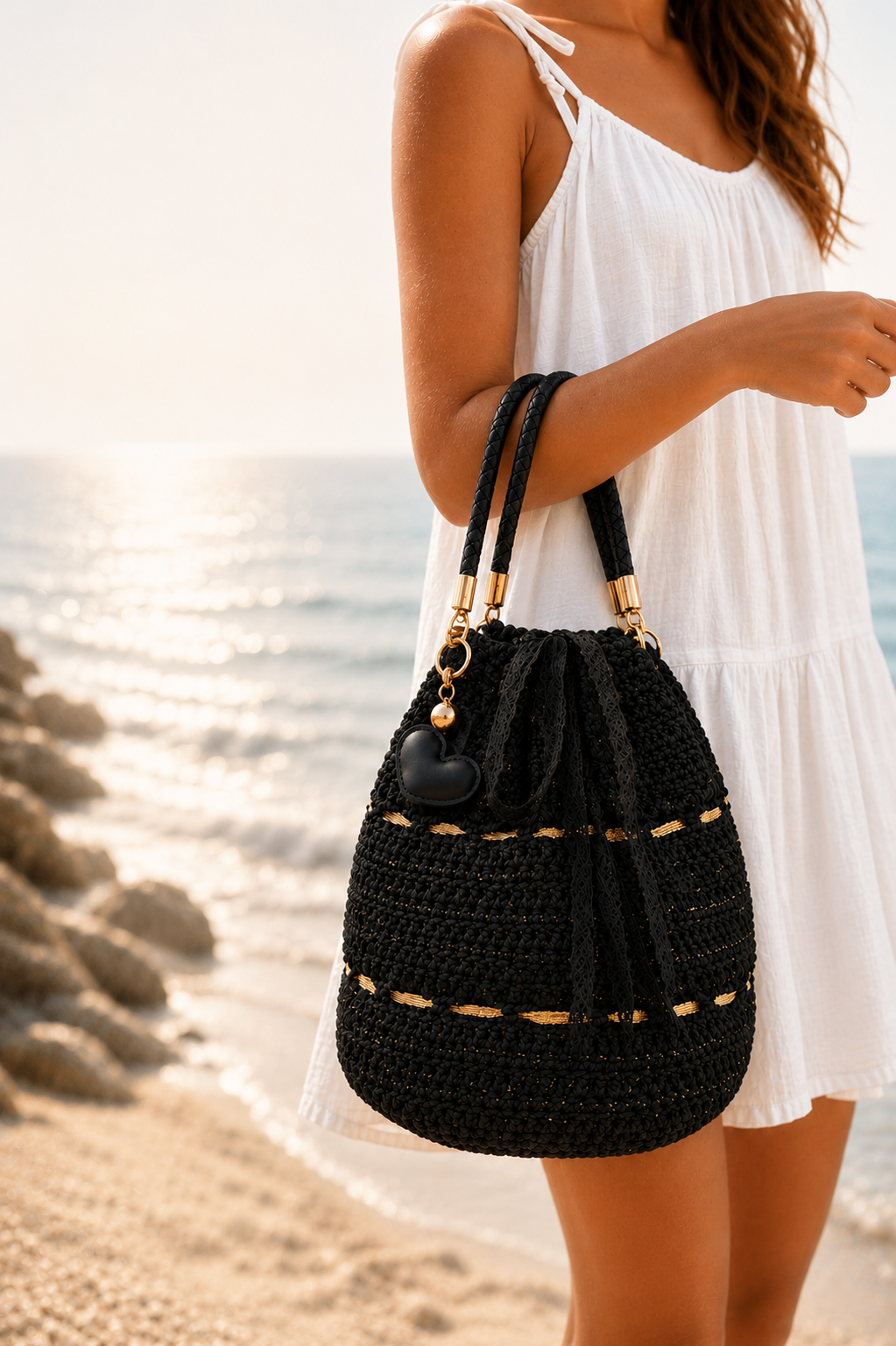Sac sceau crocheté main avec jolie anse argentée