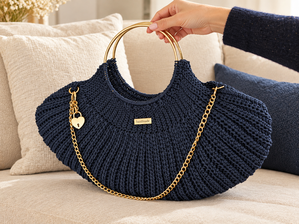 Sac coquille crocheté main avec anse dorées et sangle chainette - Couleur marine