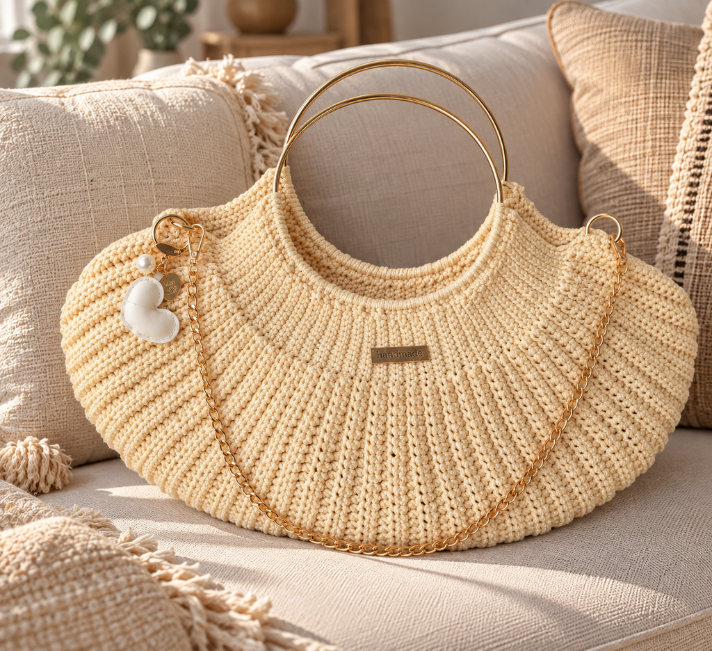 Sac coquille crocheté main avec anse dorées et sangle chainette - Couleur beige