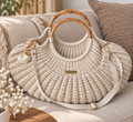 Sac coquille crocheté main avec anse bambou et sangle - Couleur beige irisé