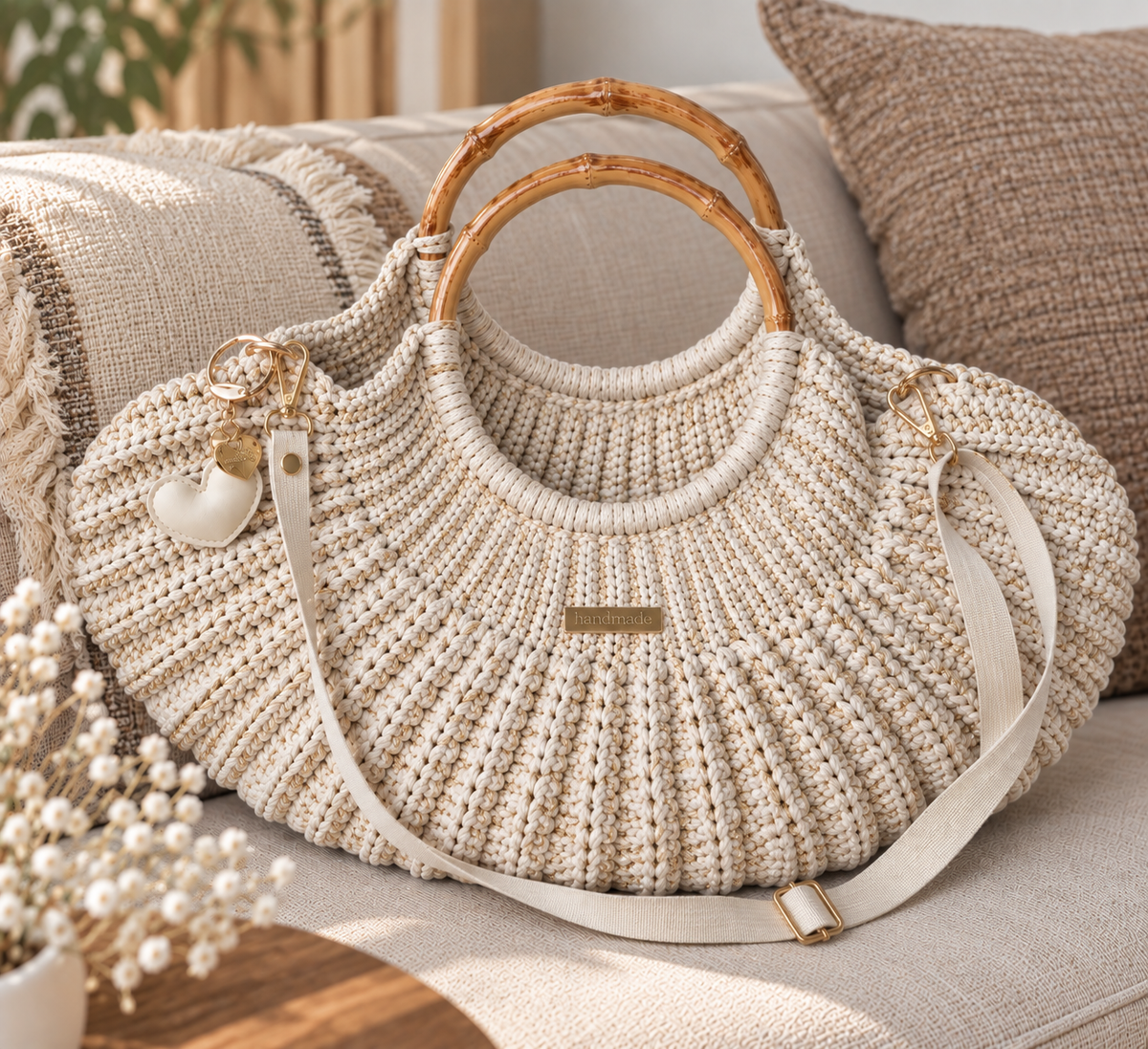 Sac coquille crocheté main avec anse bambou et sangle - Couleur beige irisé