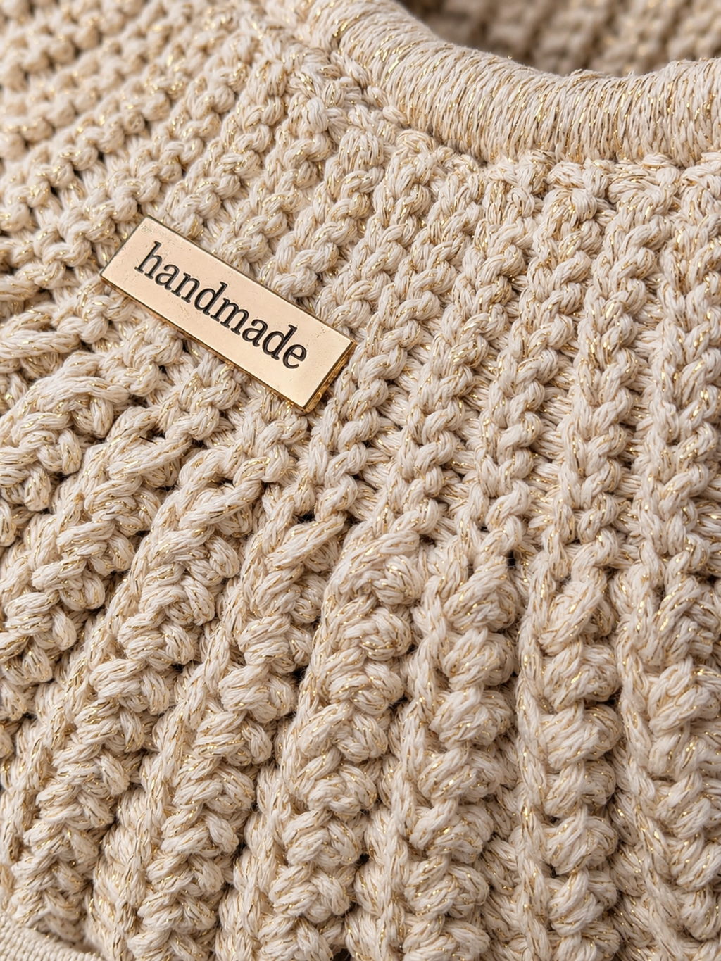 Sac coquille crocheté main avec anse bambou et sangle - Couleur beige irisé