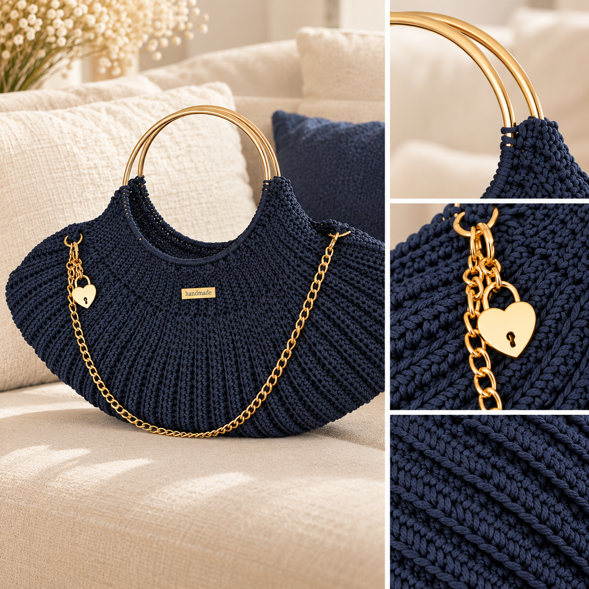 Sac coquille crocheté main avec anse dorées et sangle chainette - Couleur bleu marine