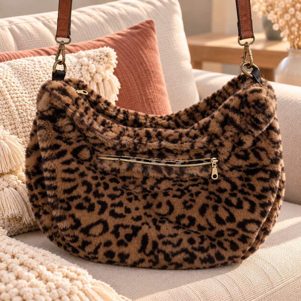 Sac besace léopard en fausse fourrure – Fait main